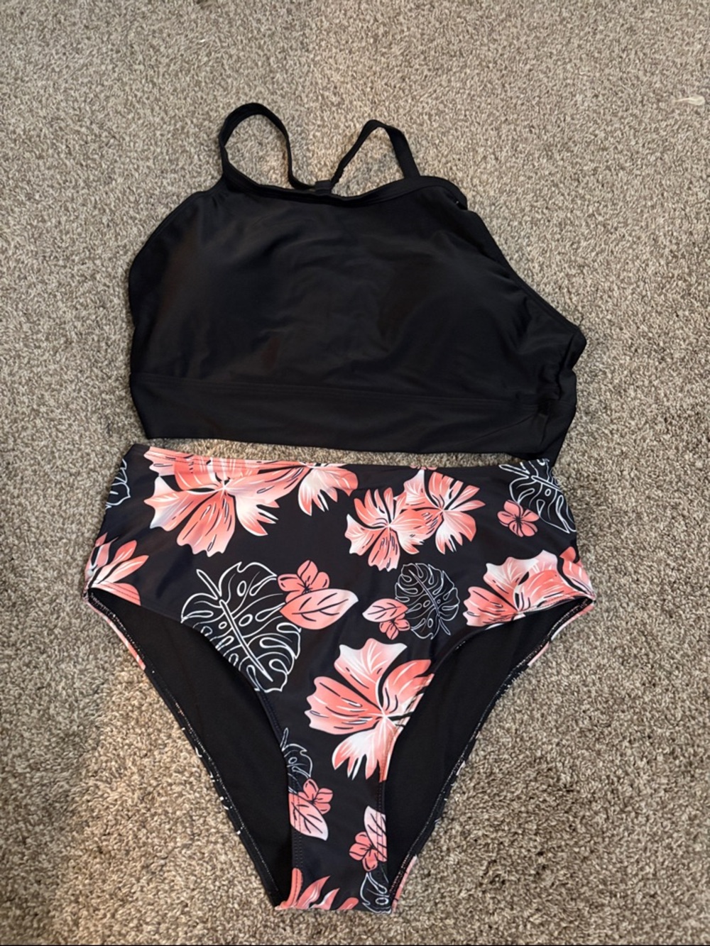 Black High-Neck Bikini Top with Coral Floral High-Waist Bottom